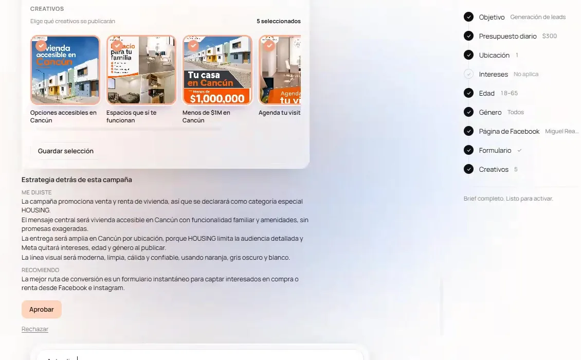 ASIO Marketing showing five selected creatives, the strategy summary and the Approve action.