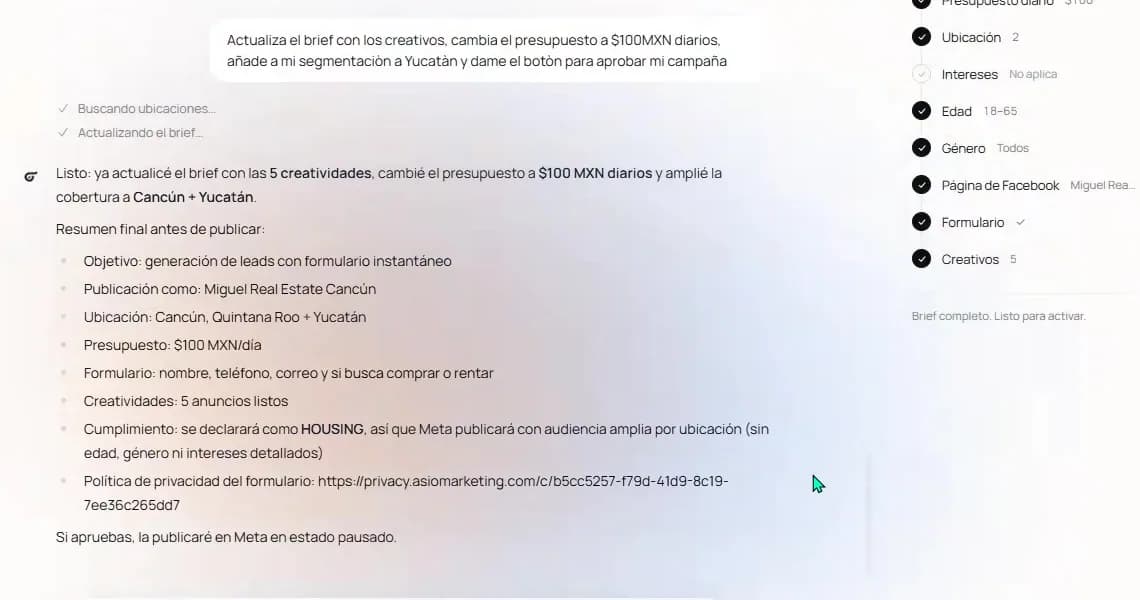 ASIO Marketing final summary showing an example lead objective, Facebook Page, locations, daily budget, lead-form fields, creatives and Special Ad Category note.