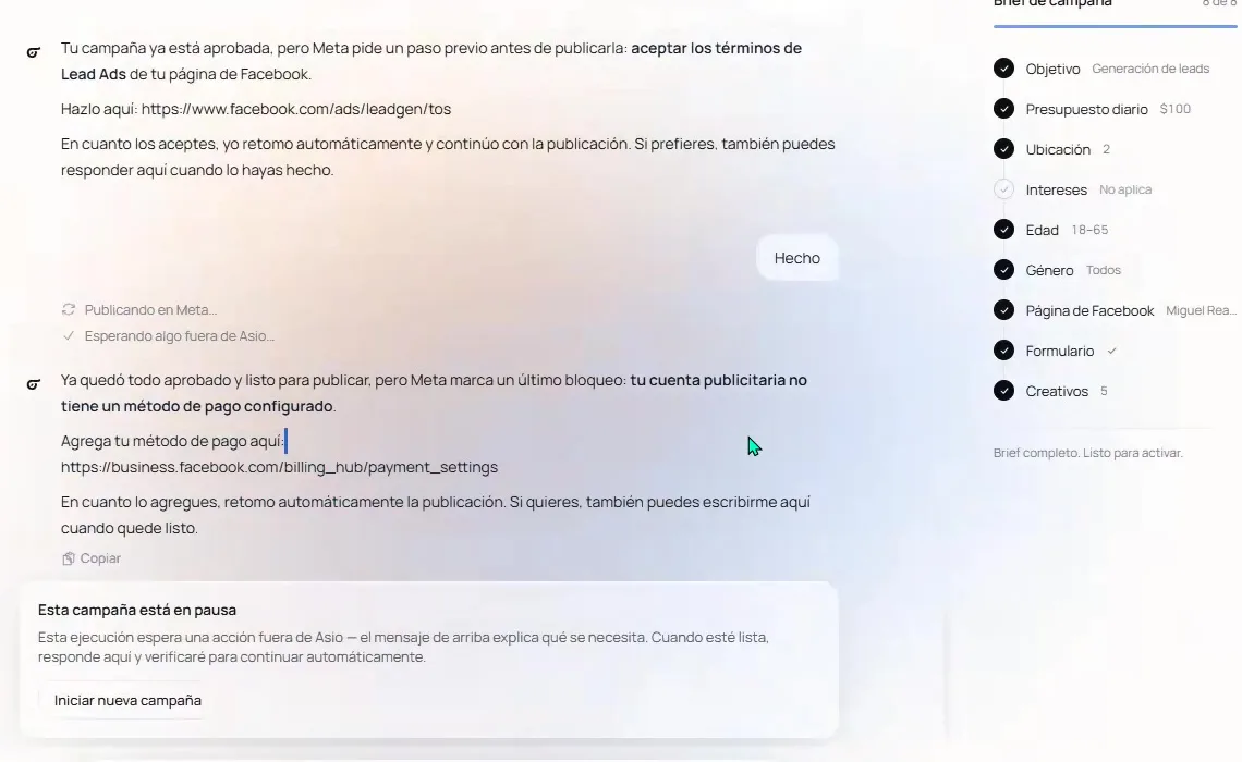 ASIO Marketing explaining that Meta requires accepted Lead Ads Terms and a configured ad-account payment method before publication can continue.