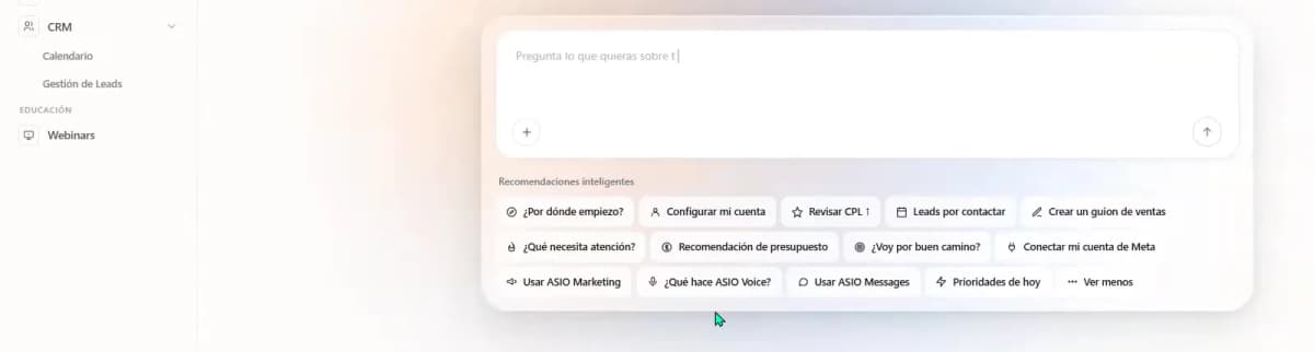 ASIO AI home screen with the main prompt box and smart recommendations.