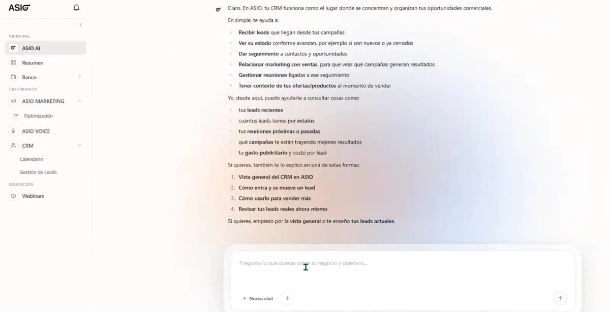 ASIO AI explica cómo el CRM conecta el marketing, los leads, el seguimiento, las reuniones y los resultados.