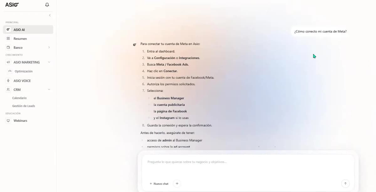ASIO AI provides step-by-step guidance for connecting Meta.