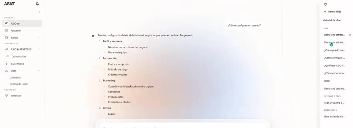 Panel de historial de ASIO AI con conversaciones anteriores del negocio.
