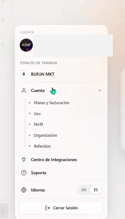 ASIO Account menu with plan, usage, profile, organization, referrals, integrations, support, language, and sign-out options.