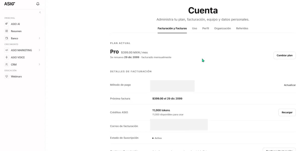 ASIO billing overview with the current plan, payment method, next invoice, token balance, billing email, and subscription status.