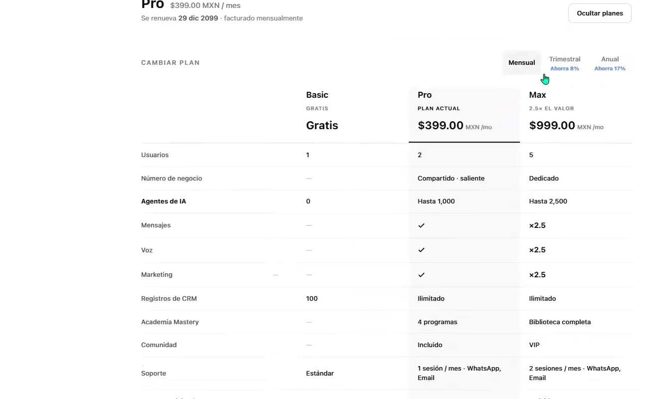 ASIO plan-comparison screen showing available plans, billing periods, limits, and features.
