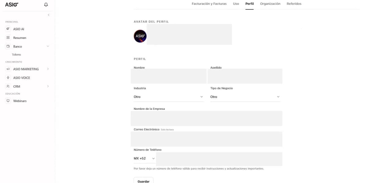 ASIO Profile tab with fields for name, industry, business type, company, email, and phone.