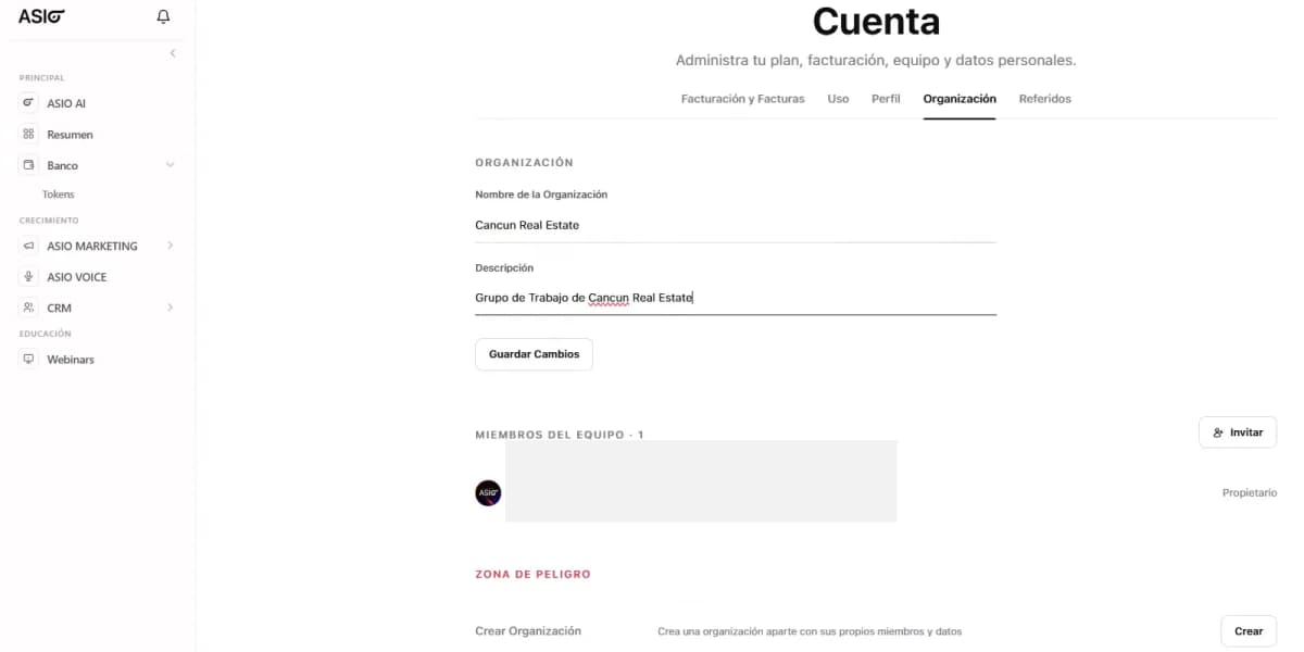 ASIO Organization tab with organization details, team members, Invite, and Create organization.