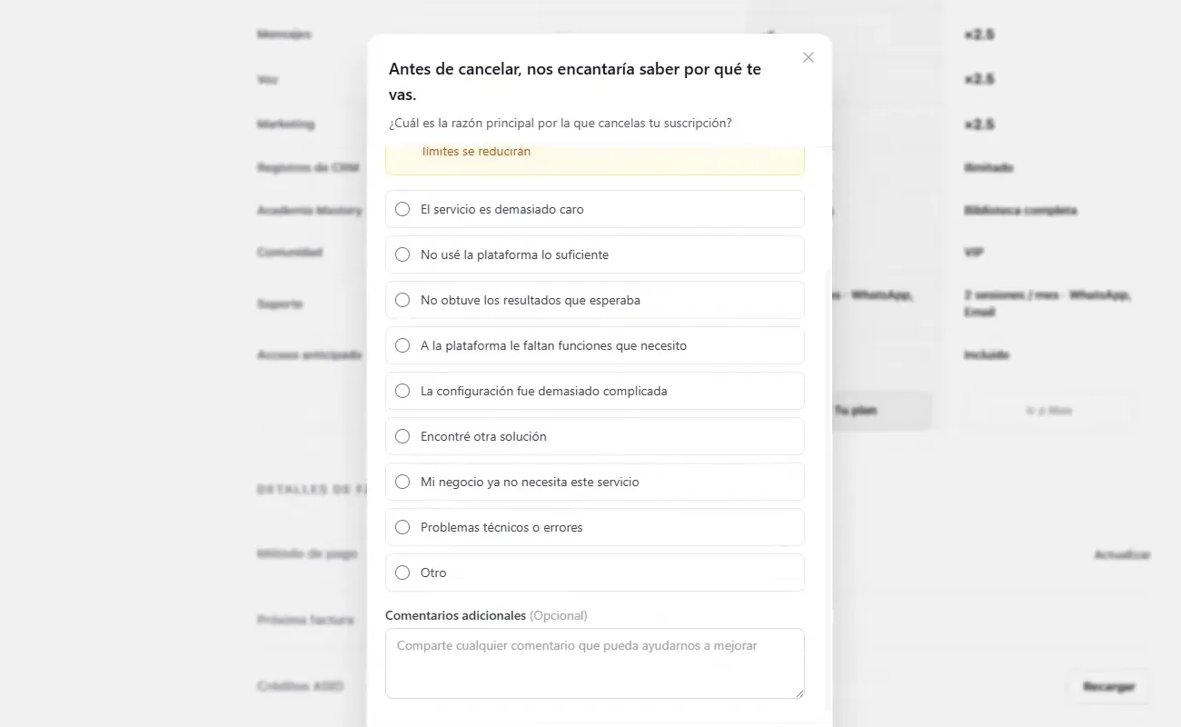ASIO cancellation dialog with cancellation reasons and an optional comments field.