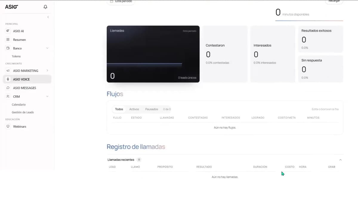ASIO Voice Manager dashboard with available minutes, call outcomes, flows, and the call log.