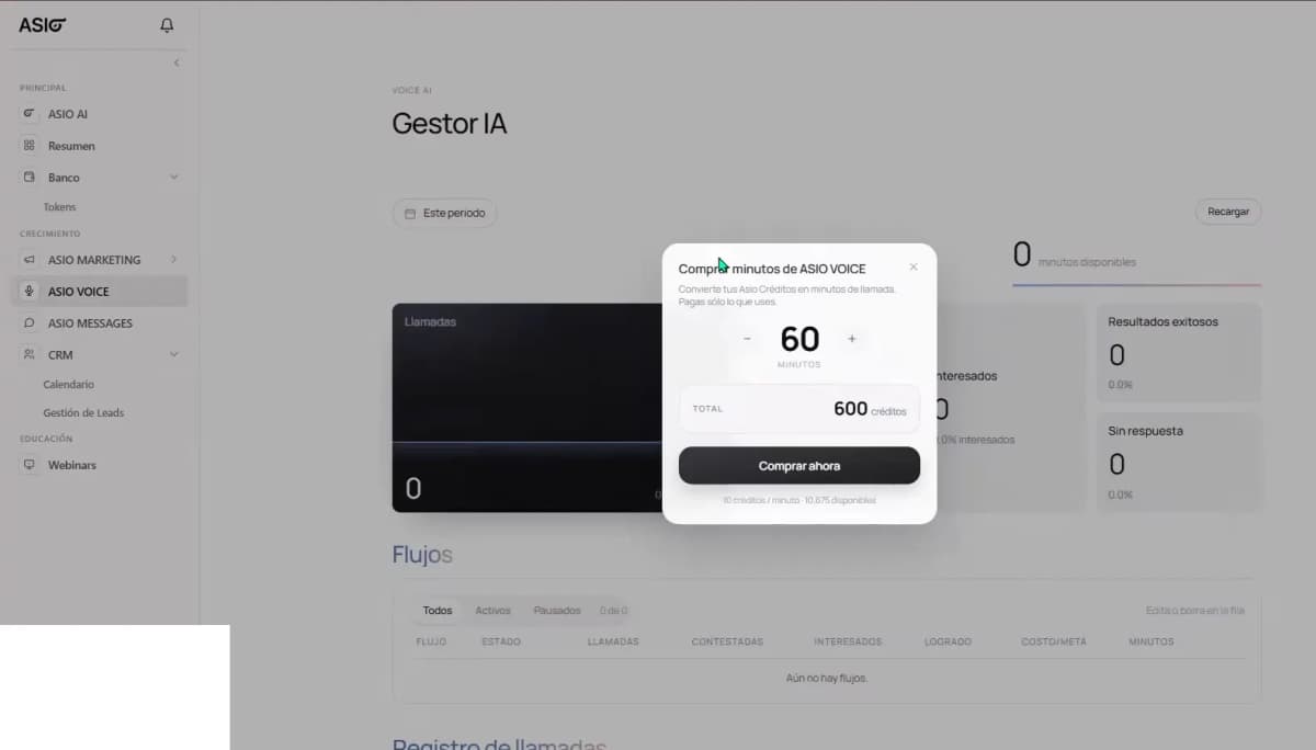 ASIO Voice recharge window showing an example call-minute package and the purchase action.