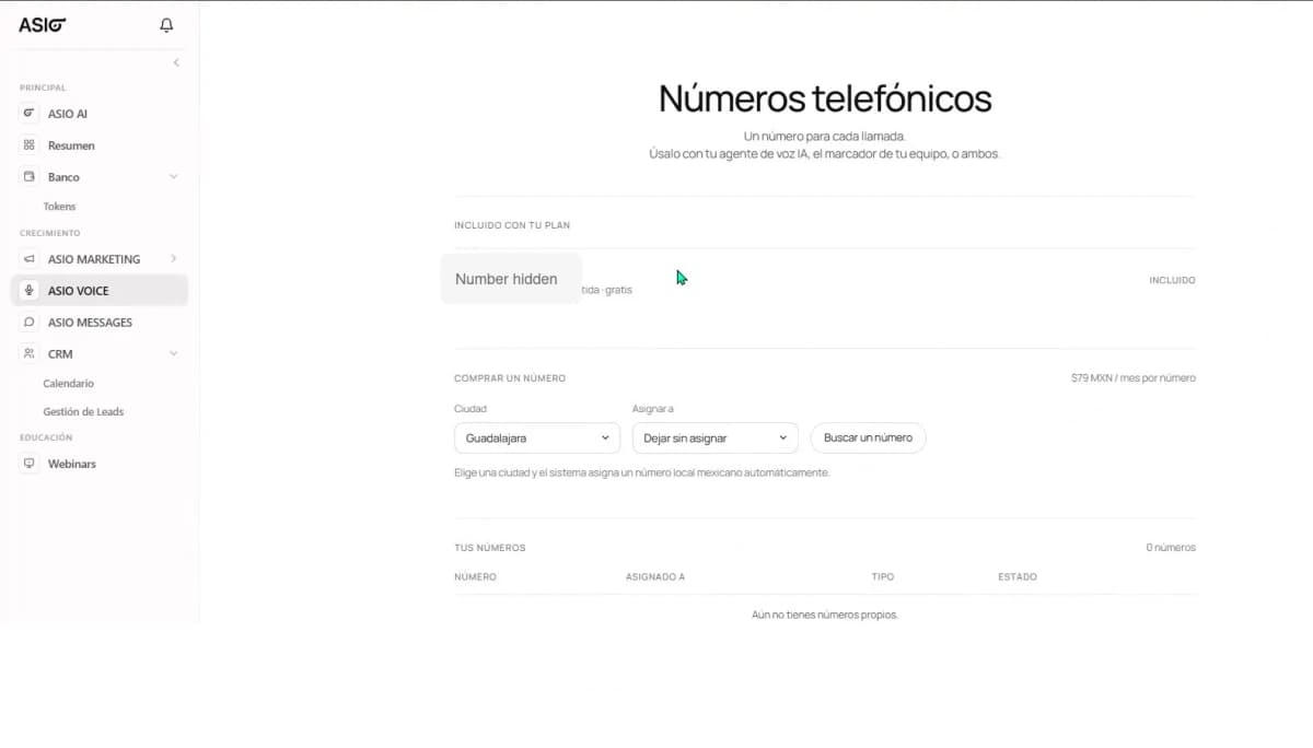 ASIO Voice phone-number page with the included shared line and controls for choosing a city and assigning a number; the example number is hidden.