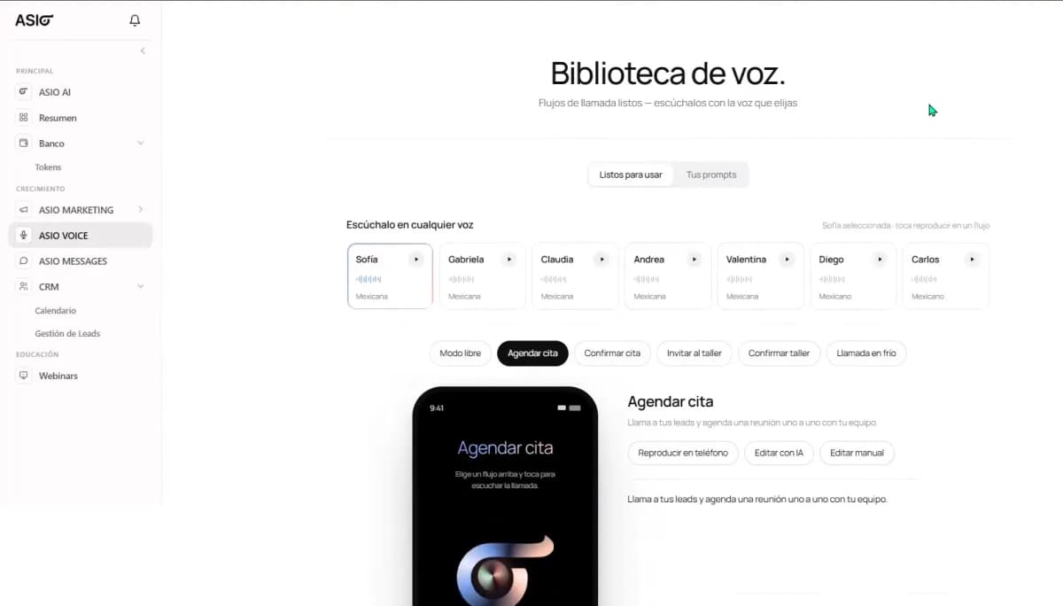 ASIO Voice Library with selectable Mexican voices and ready-to-use calling templates.