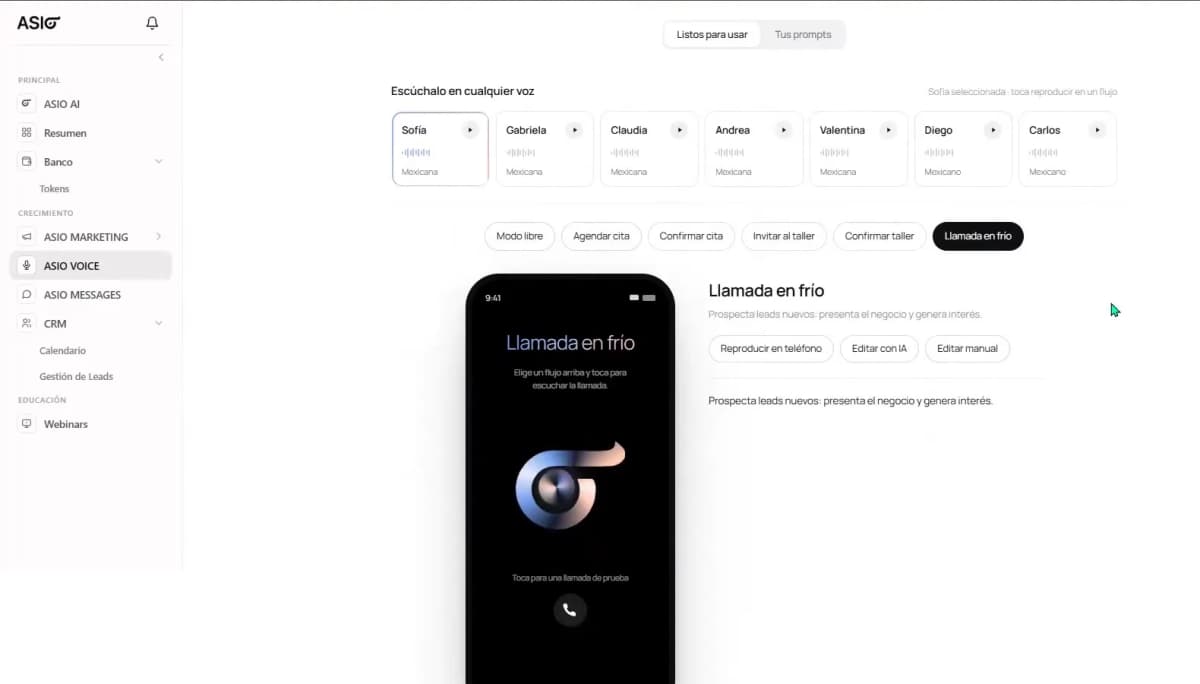 Cold-call template preview with options to test it by phone, edit it with AI, or edit it manually.