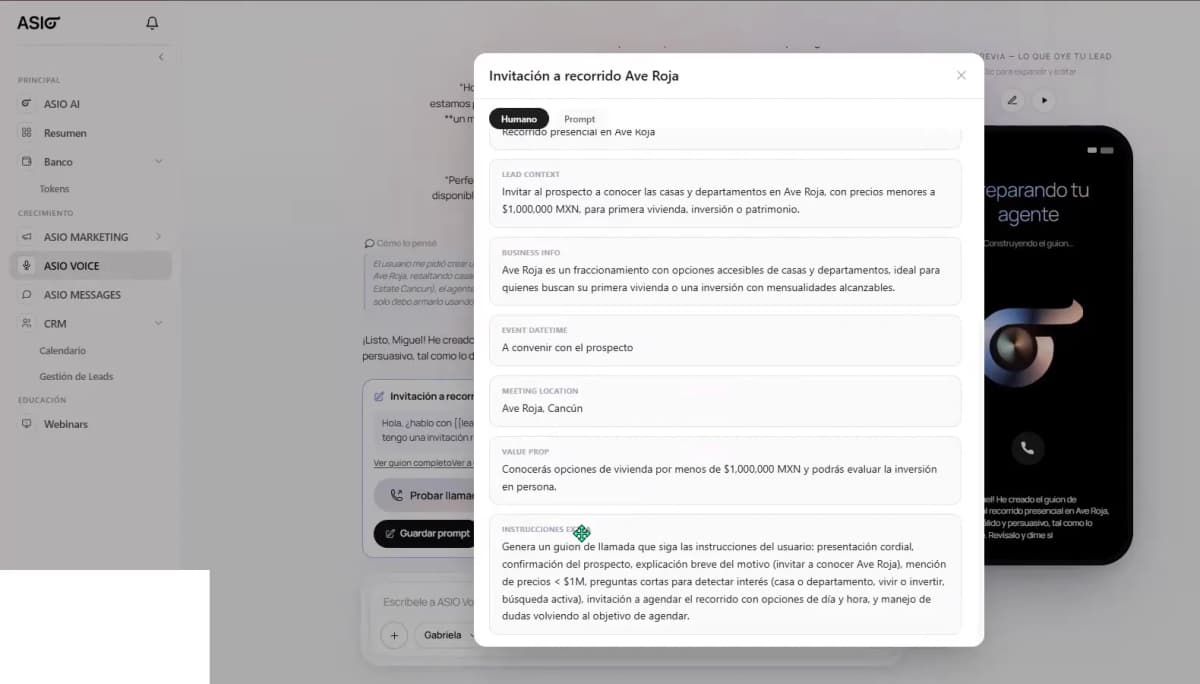 Structured prompt details for lead context, business information, meeting details, value proposition, and special instructions.