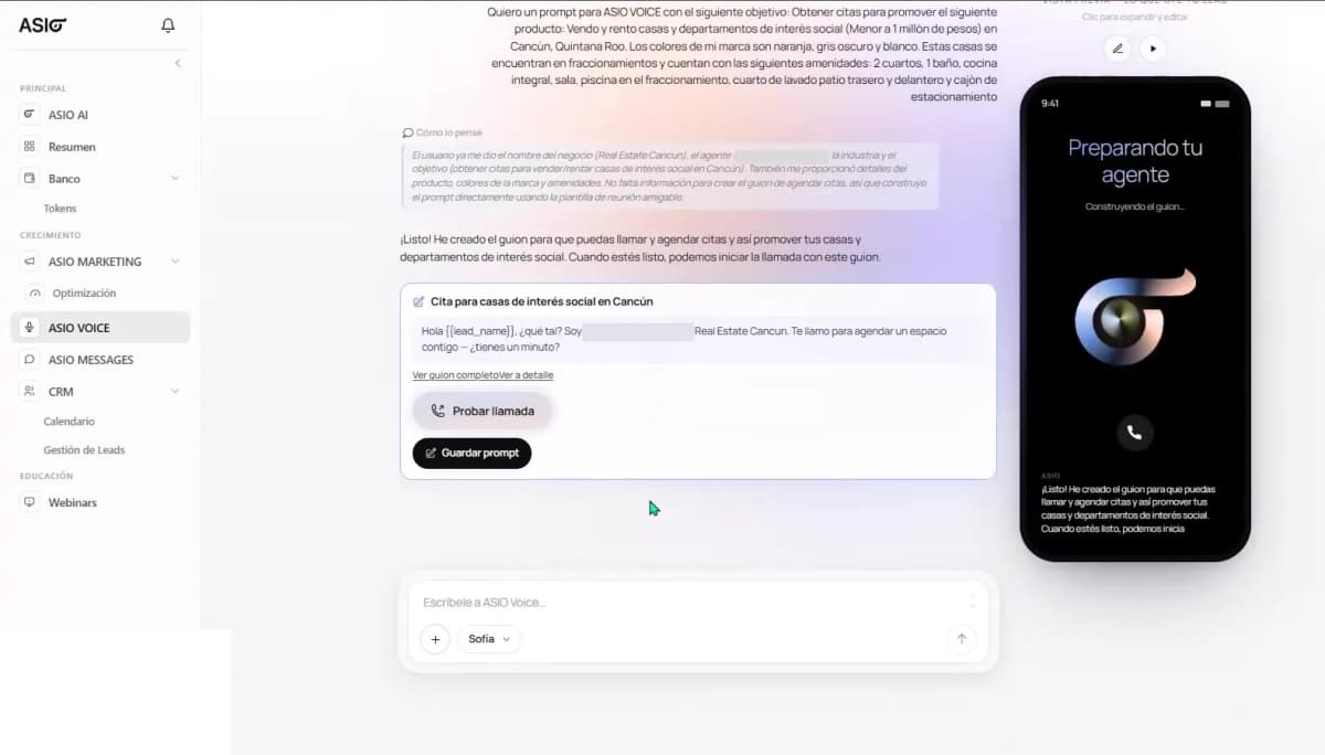 Generated ASIO Voice script with actions to test the call and save the prompt.
