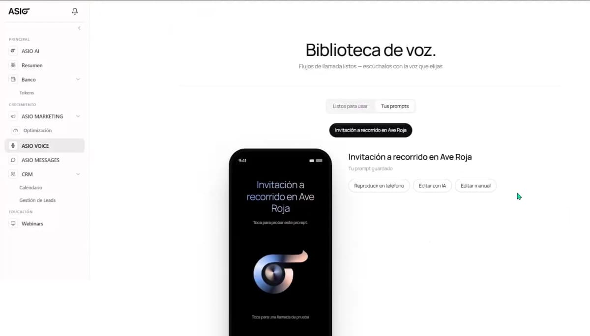 The Your Prompts tab in the Voice Library with a saved custom calling prompt.