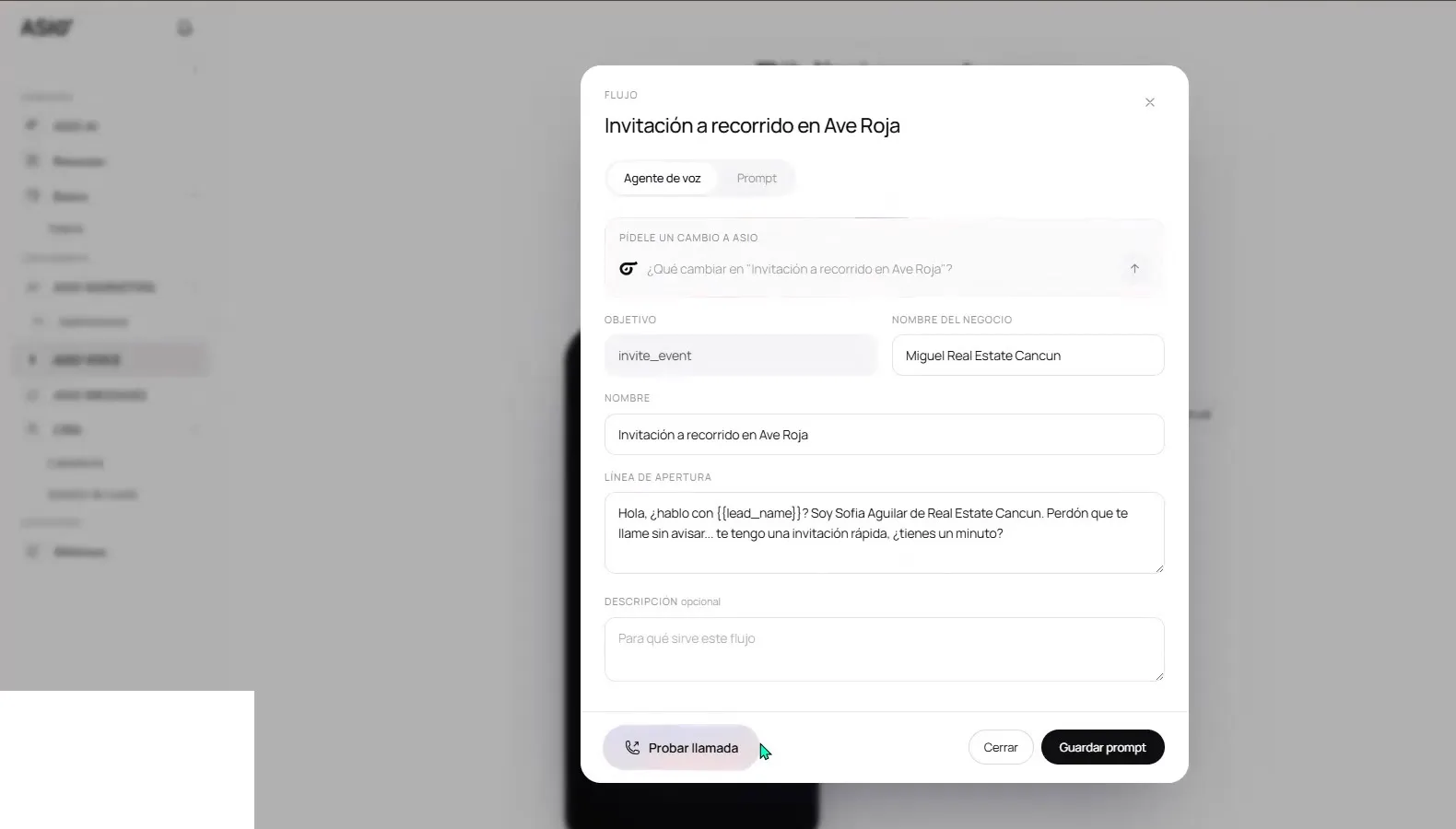 Custom voice-flow editor with the objective, business name, opening line, description, test-call action, and save button.