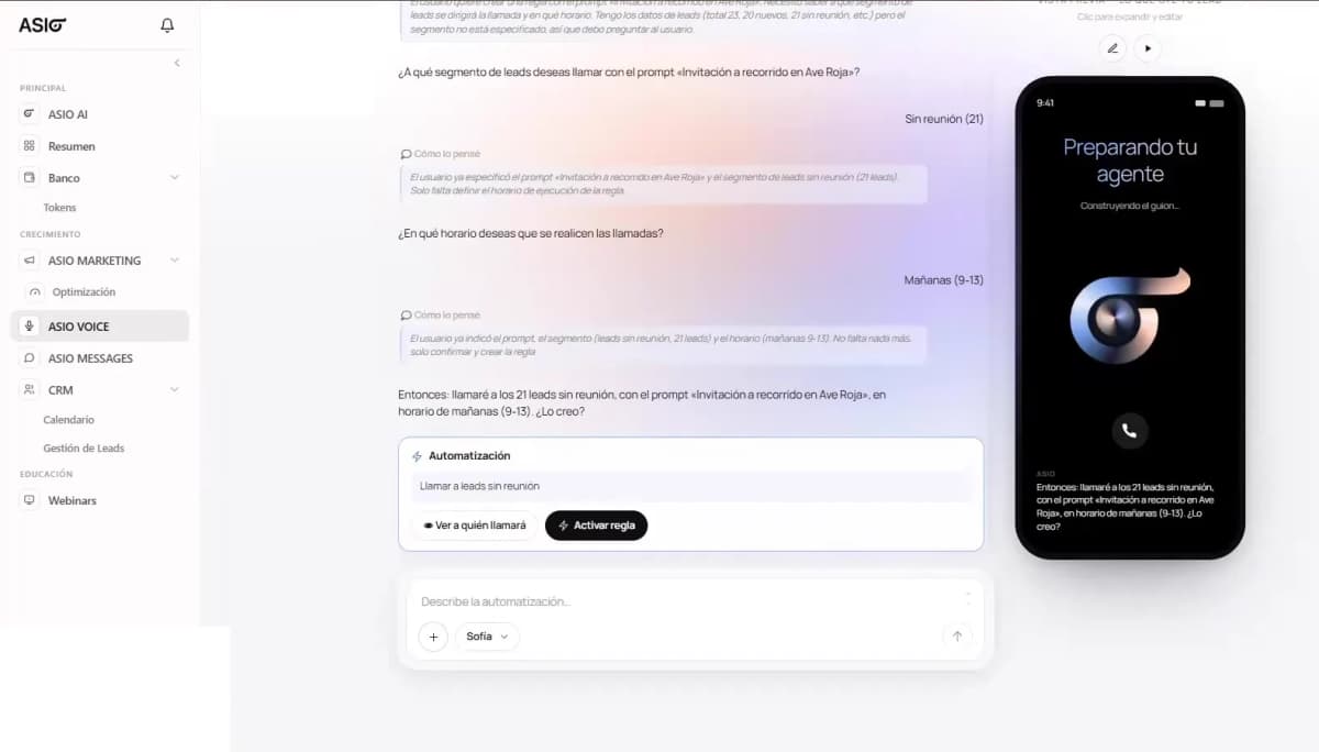 ASIO Voice automation review showing the selected CRM segment, calling window, recipient preview, and activation action.