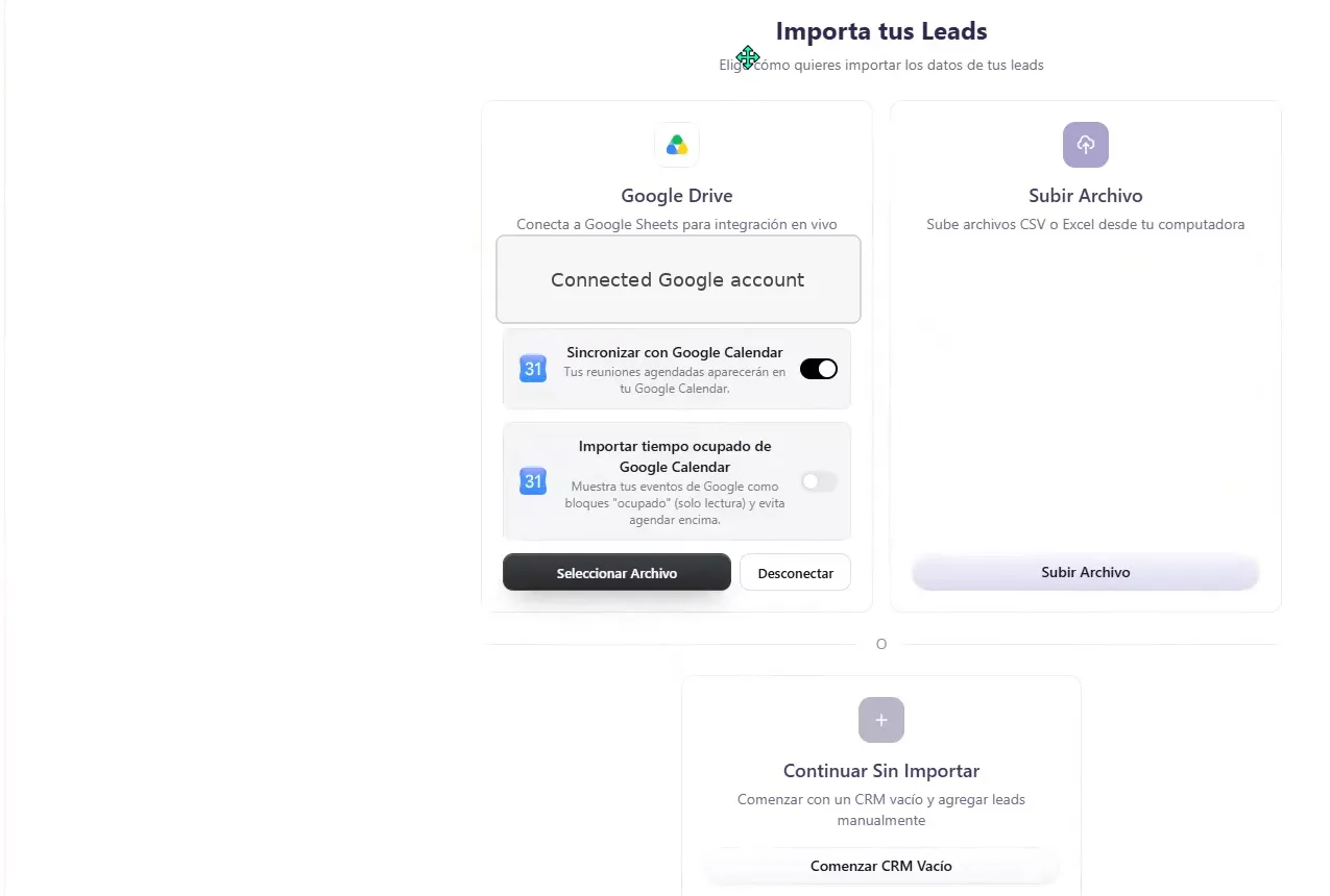 Pantalla de importación del CRM de ASIO con opciones de Google Drive, subir archivo y continuar sin importar.