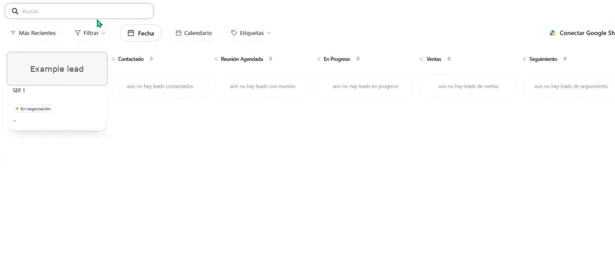 Vista de Flujo del CRM de ASIO con las etapas desde Nuevo Lead hasta Completado y el nombre del lead de ejemplo oculto.