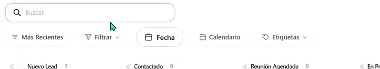 Barra de herramientas del CRM de ASIO con los controles Buscar, Más Recientes, Filtrar, Fecha, Calendario y Etiquetas.