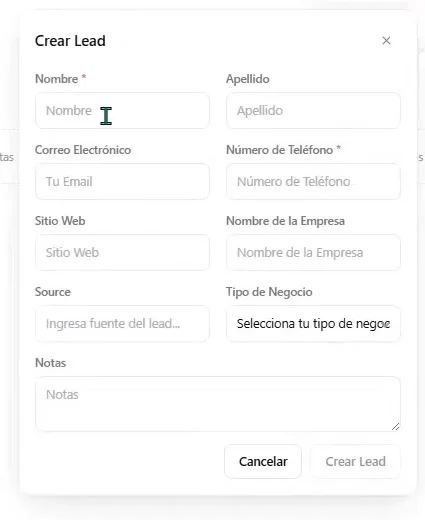 Formulario Crear Lead del CRM de ASIO con campos de contacto, empresa, fuente, tipo de negocio y notas.