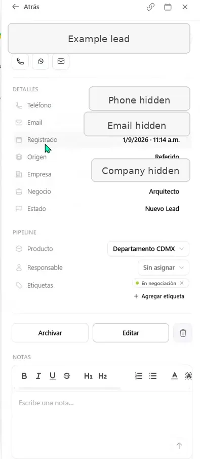 Perfil de lead del CRM de ASIO con los datos de contacto identificables ocultos y controles de producto, responsable, etiquetas, archivar, editar y notas.