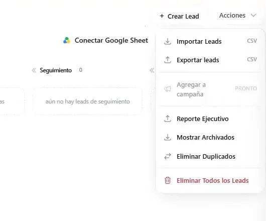 Menú de Acciones del CRM de ASIO con opciones de importar, exportar, reporte ejecutivo, leads archivados, eliminar duplicados y eliminar todo.