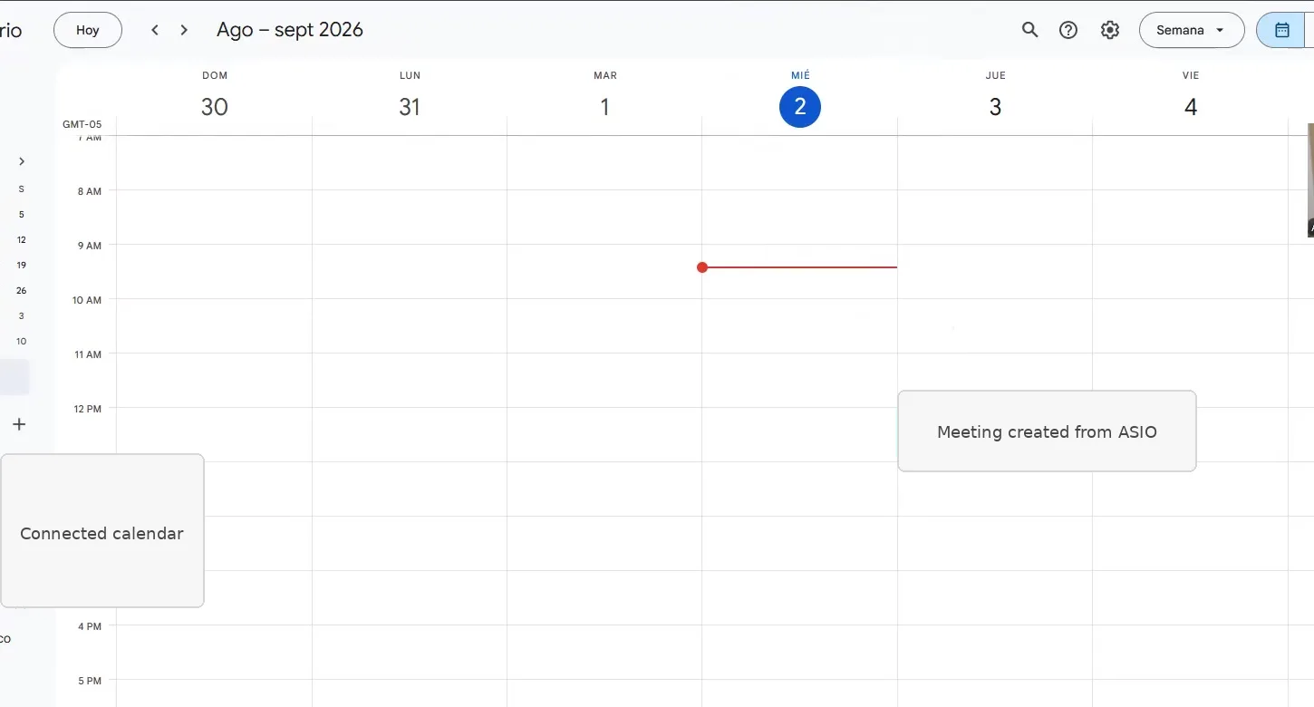 Google Calendar mostrando una reunión creada desde ASIO con los nombres del evento y del calendario ocultos.