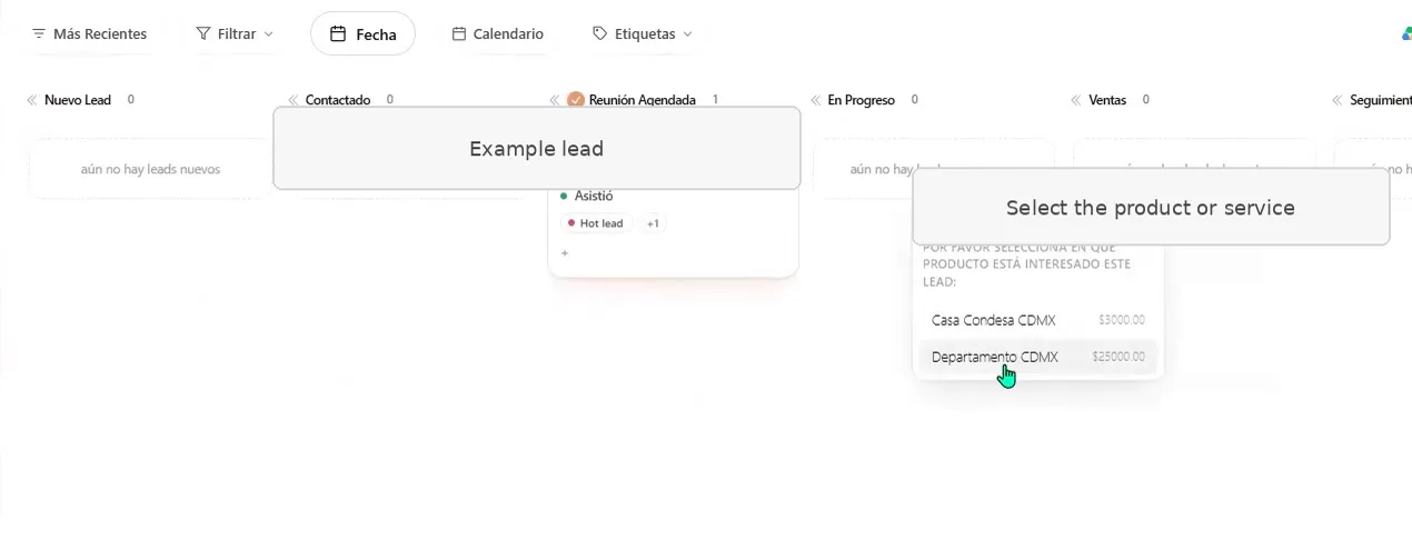 CRM de ASIO moviendo un lead de ejemplo entre etapas y pidiendo el producto o servicio ligado a la oportunidad.