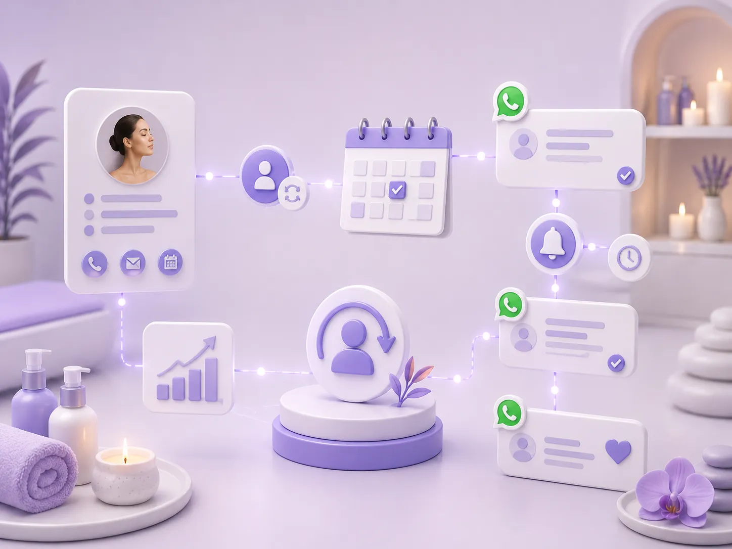 Minimal 3D illustration of automated spa reminders and client reactivation.