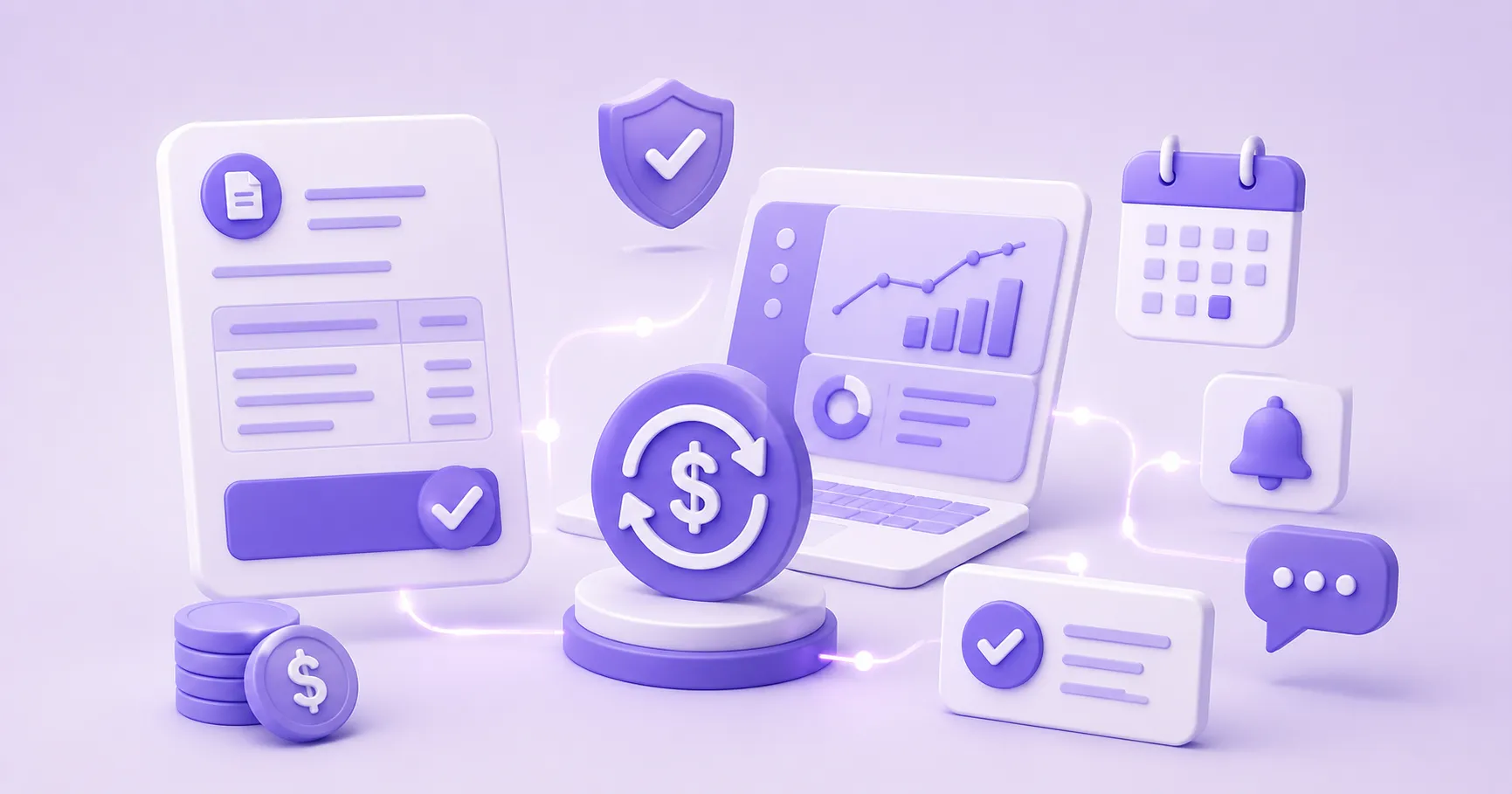 Minimal 3D illustration of automated payments and cash flow management.