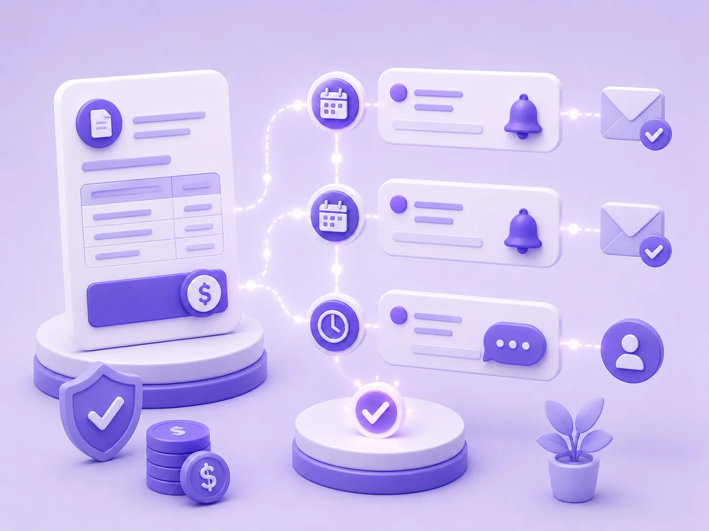 Minimal 3D illustration of automated invoice reminders.