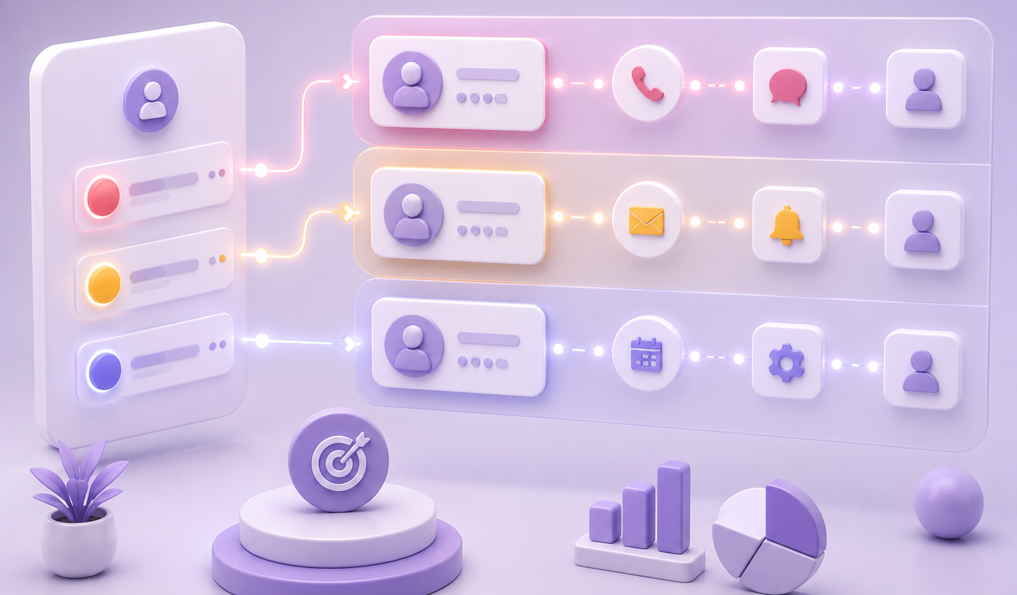 Ilustración 3D minimalista de sistema de priorización de leads.