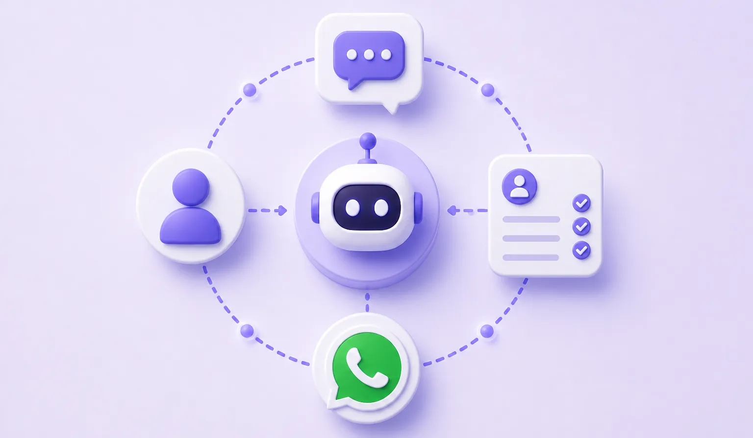 Ilustración 3D minimalista de sistema automático de seguimiento con chatbot y CRM.