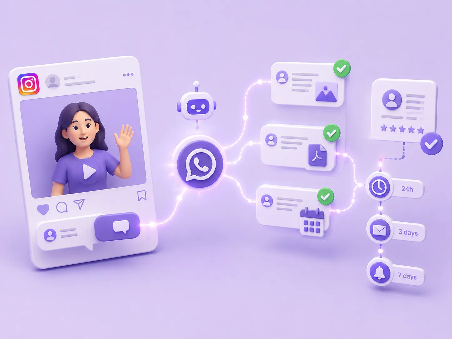 Minimal 3D illustration of automated DM lead nurturing.