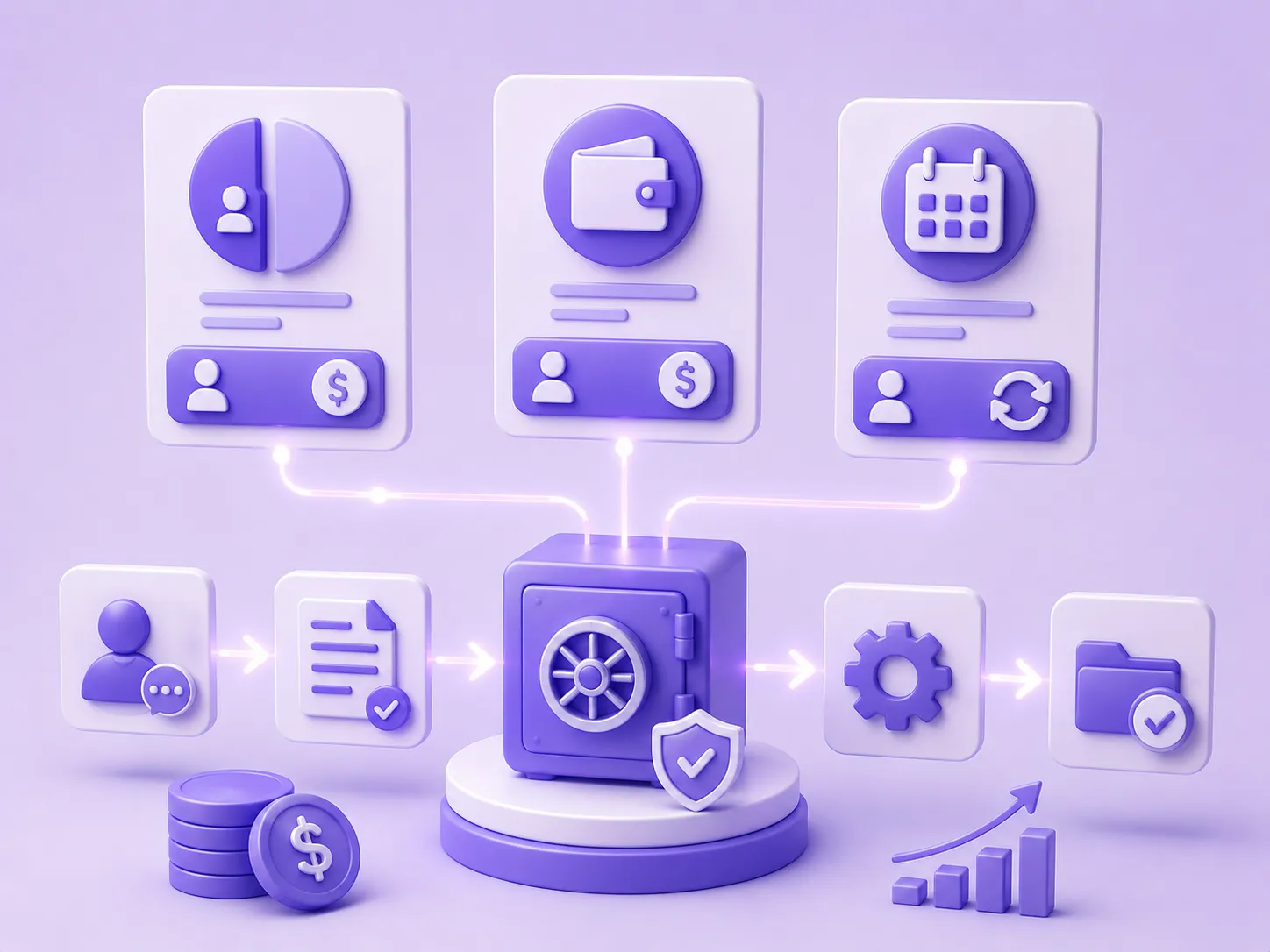 Minimal 3D illustration of structured payment workflows.