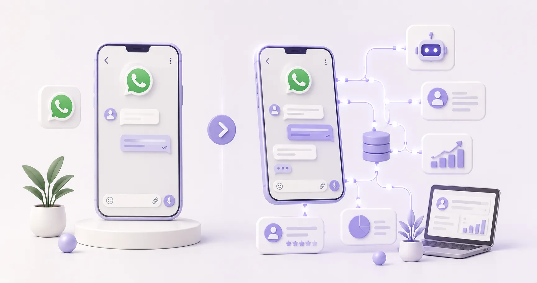 Ilustración 3D minimalista comparando WhatsApp Business App y WhatsApp API.