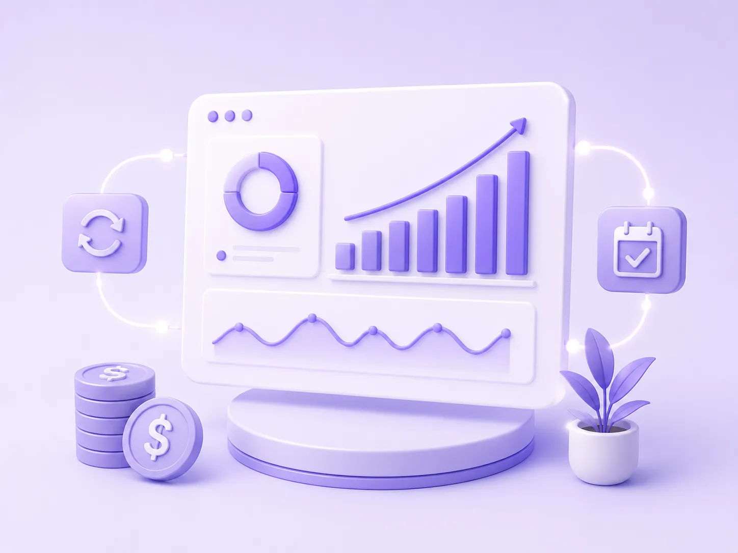 Ilustración 3D minimalista de ingresos recurrentes y estabilidad financiera.
