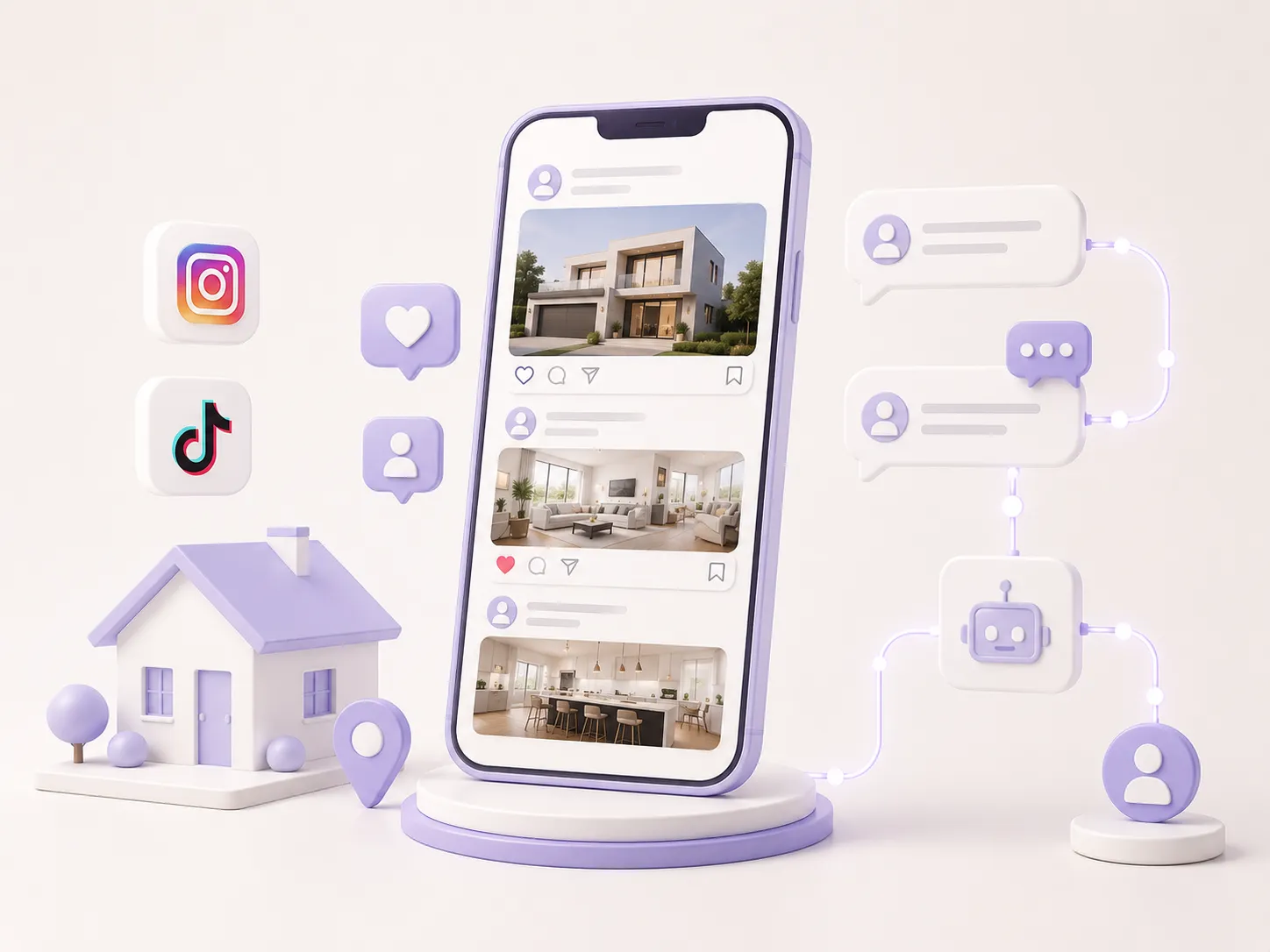Ilustración 3D minimalista de contenido inmobiliario generando leads en redes sociales.