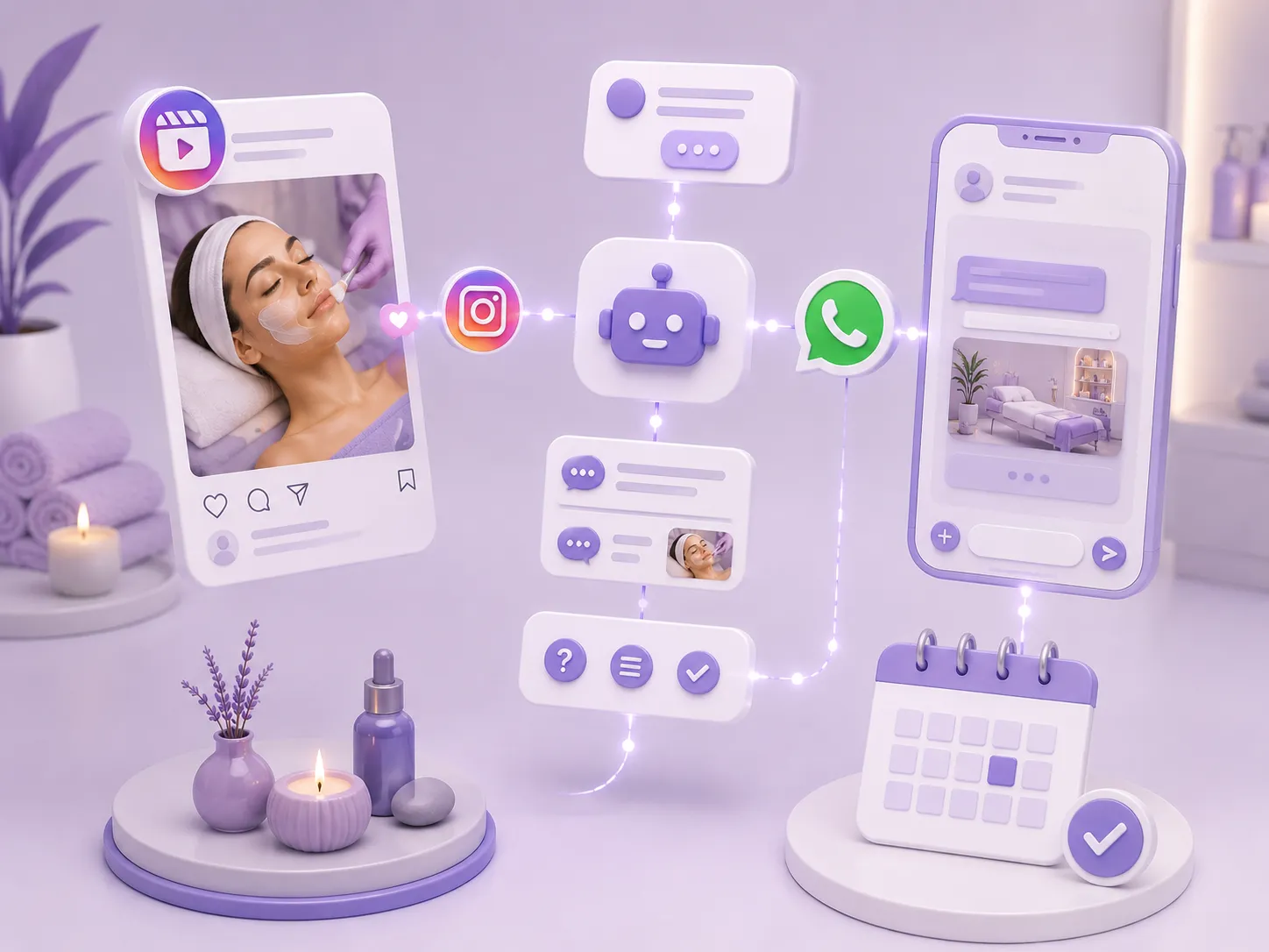 Minimal 3D illustration of automated spa booking workflow.