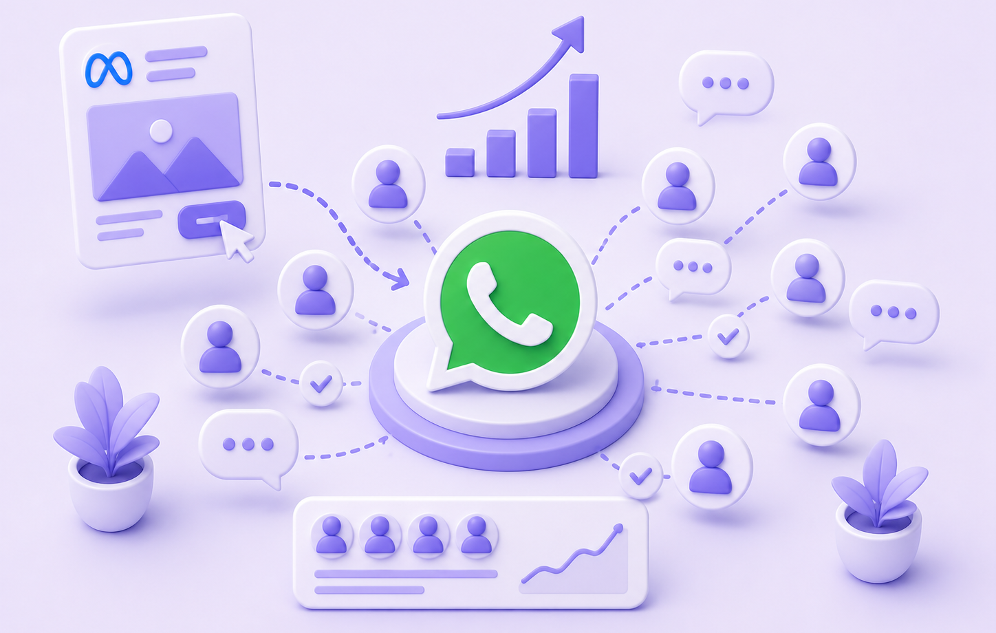 Ilustración 3D minimalista de crecimiento y engagement en WhatsApp.