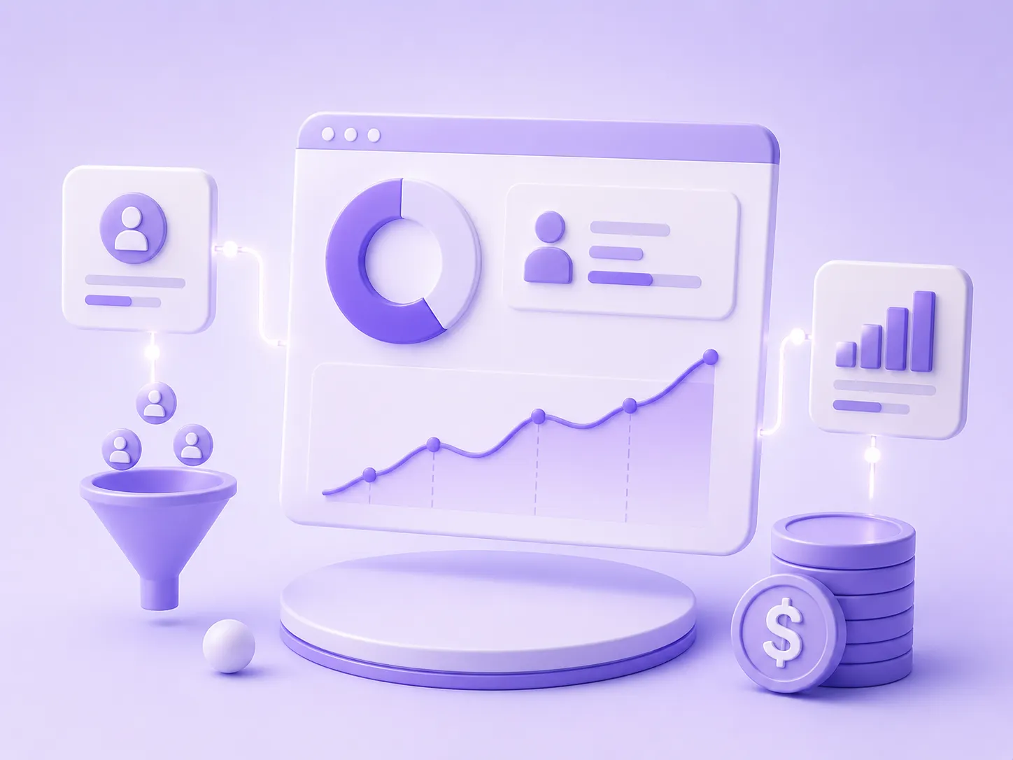 Ilustración 3D minimalista de valor del cliente y métricas de adquisición.