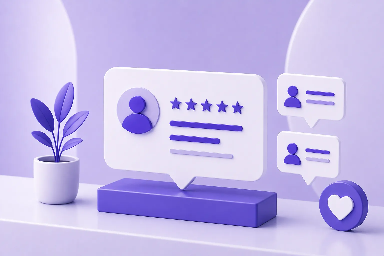 En el centro aparece una tarjeta de reseña con cinco estrellas y un perfil de usuario, acompañada de burbujas de comentarios, un icono de reacción positiva y una planta decorativa.